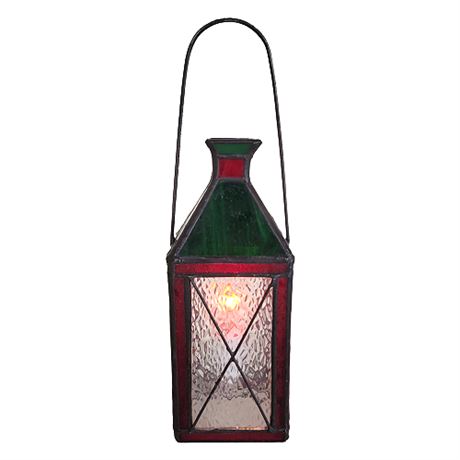 Vintage Stained Glass Lantern w/ Flickering Flame Bulb