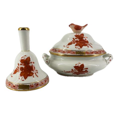 Vintage Herend Porcelain Chinese Bouquet Rust Miniature Tureen & Bell