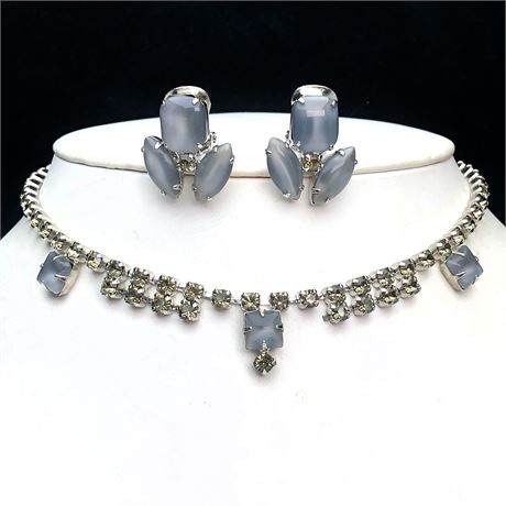 Vintage Steel Blue Glass Cats Eye Moonstone & Rhinestone Necklace & Earrings