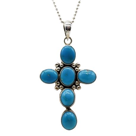 Vintage Sterling Silver Turquoise Cross Pendant Necklace