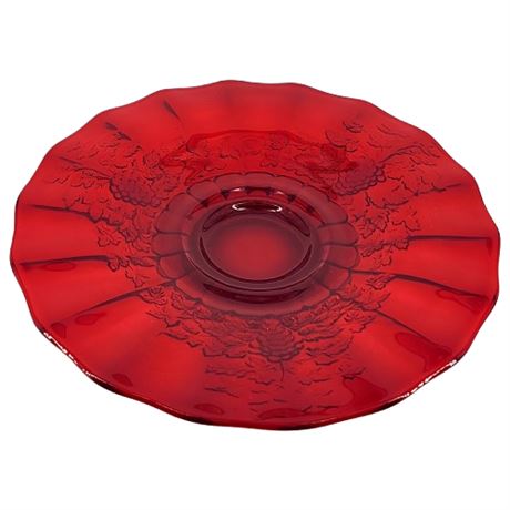 Vintage MOSSER Ruby Red Paneled Grape Glass Footed Serving Platter