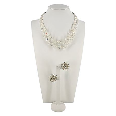Vintage Two Strand Aurora Borealis Crystal Bead Necklace & Earring Set