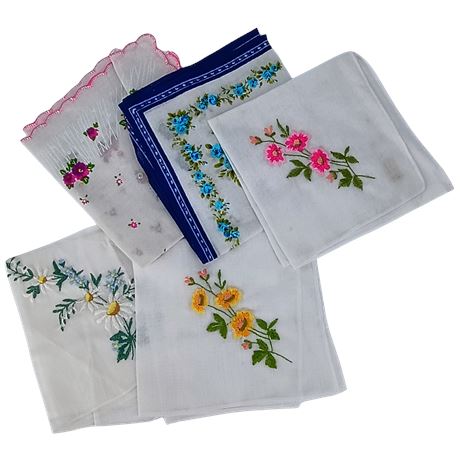 Lot of 5 Floral Vintage Embroidered Handkerchiefs