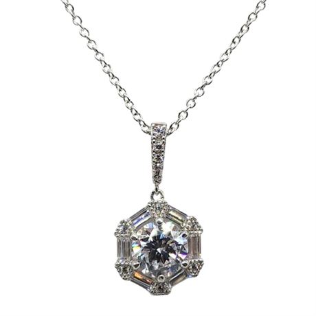Signed JACMEL Sterling Silver CZ Halo Pendant Necklace