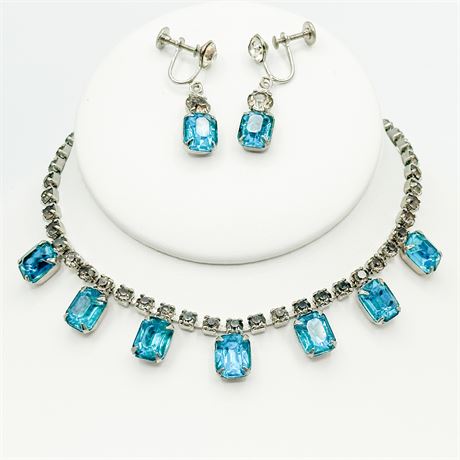 Vintage Silver Tone & Blue Rhinestone Earring & Necklace Set