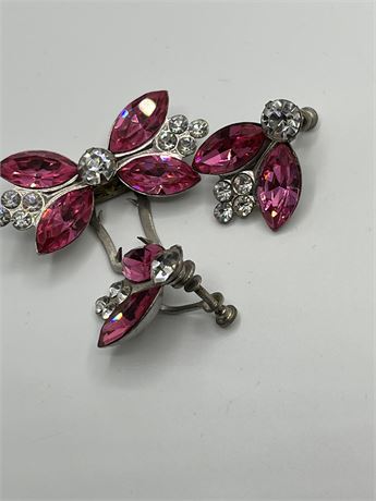 Pink and clear rhinestone butterfly earrings, and fur clip