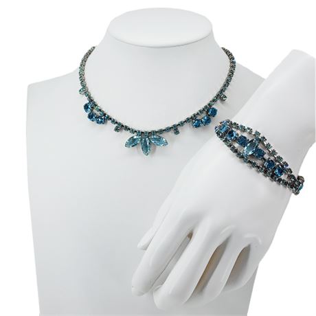 Vintage Prong Set Blue Rhinestone Necklace & Bracelet Set