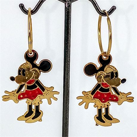 Vintage Disney Minnie Mouse Enamel Hoop Earrings – Gold-Tone Red Skirt Design
