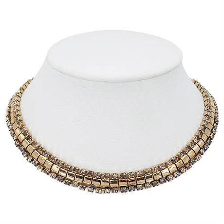 Vtg Gold Tone & Prong Set Rhinestone 3-Row Choker Necklace