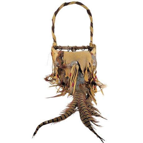 Handmade Native American Leather / Wooden Hanging Basket