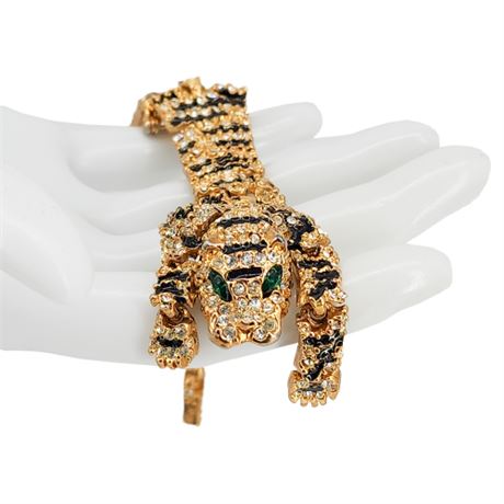 Vintage 8 Inch Rhinestone & Enamel Articulated Tiger Shoulder Brooch