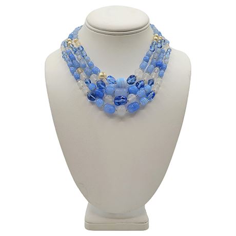 Vintage Mid-Century 4-Strand Blue Glass Bead Statement Necklace