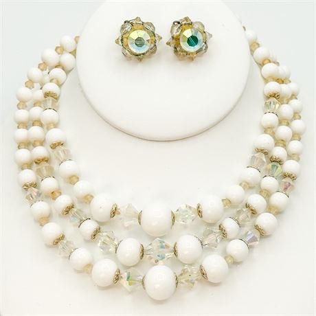 Vintage Milk Glass & Aurora Borealis Beaded Necklace & Earring Set