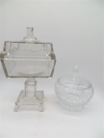Antique Etched Square Crystal Compote & Crystal Glass Candy Dish