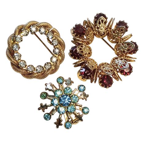Vintage Gold-Tone Brooch Trio - Blue, Clear and Dark Red Rhinestone Accents
