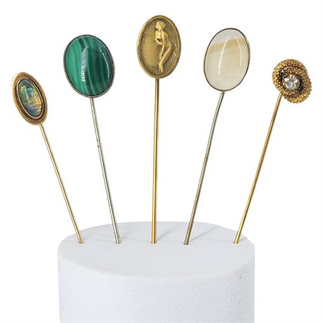 5 Vintage Stick Pins, Incl. Bathing Beauty, Malachite, Faux Opal, & More