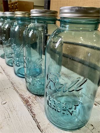 Five 1/2 Gallon Antique Aqua Glass BALL Perfect Mason Jars