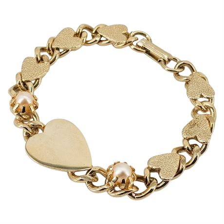 Vintage Gold Tone Hearts & Faux Pearls Bracelet