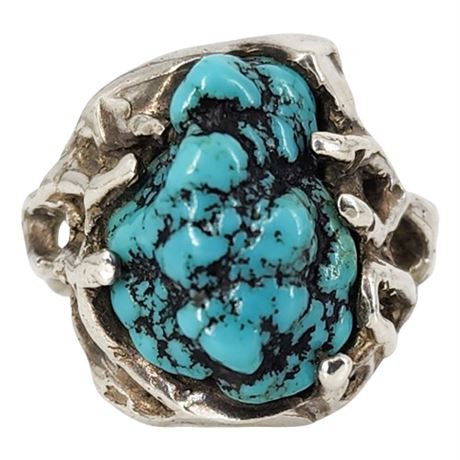 Vintage Sterling Silver Brutalist Turquoise Nugget Ring, Sz 6.5