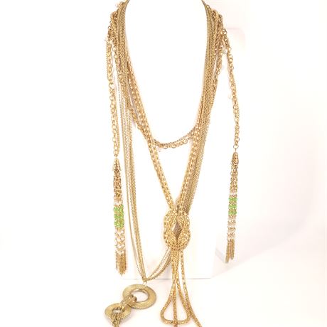 Gold-Tone Statement Necklaces, Tassel Wrap with Fringe & Long Pendant, Lot of 3