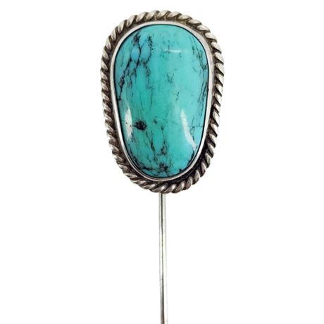 Vtg Signed JK Native American Sterling Silver Turquoise Stick Pin