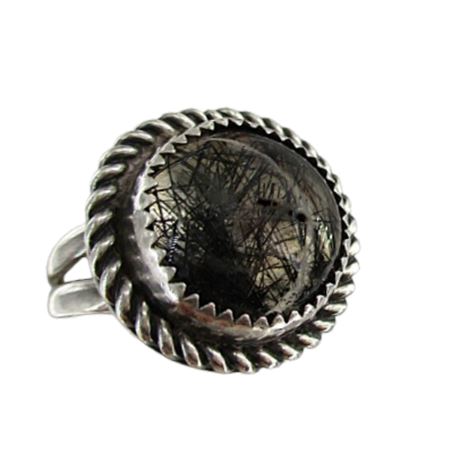 Black Rutilated Quartz Sterling Silver Ring Sz 7.25-7.5