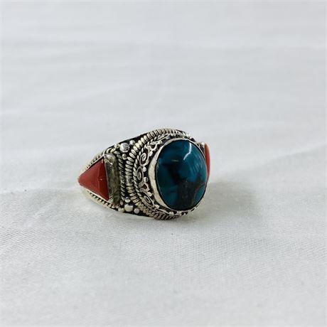 12.5g Sterling Coral + Turquoise Ring Size 9.5