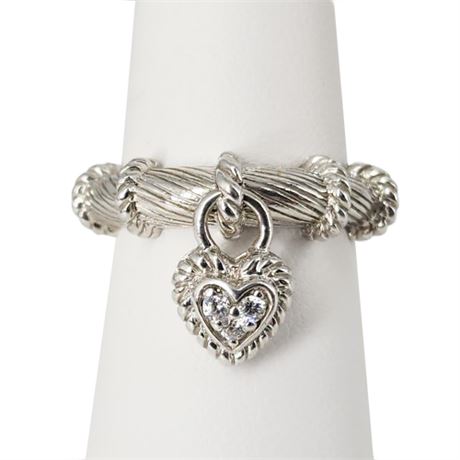 Signed JUDITH RIPKA Sterling Silver CZ Heart Dangle Ring, Sz 8