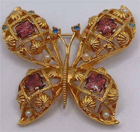 Avon gold tone faux pearl butterfly brooch