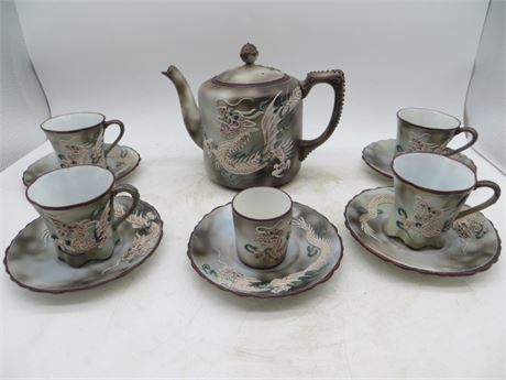 Nippon Moriage Dragon Ware Tea Set Tea Pot & 4 Cups & 5 Saucers