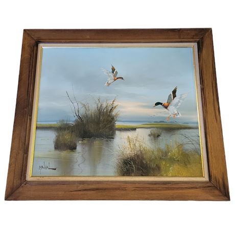 Signed Mahal Flying Mallard Framed Oil Painting on Canvas