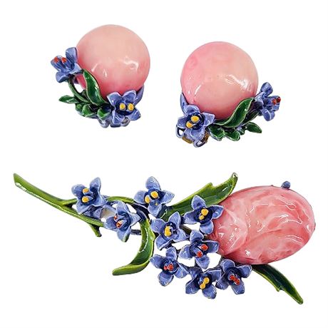 Vintage ART Enamel Flower Brooch & Matching Clip Earrings