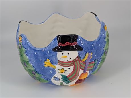 Snowman Ceramic Centerpiece Bowl w/Christmas Trees w/Box