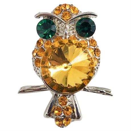 Vintage Rhinestone & Rivoli Owl Brooch