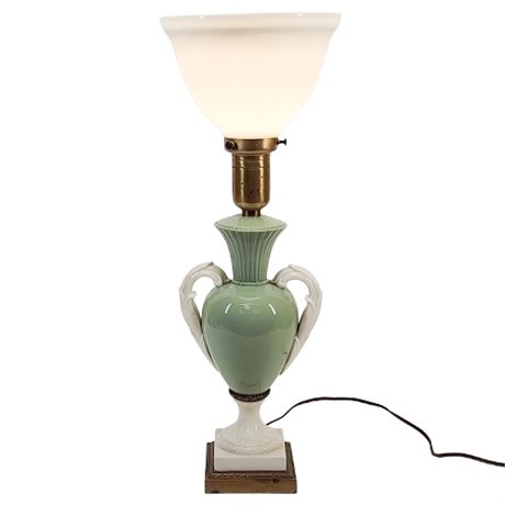 Vintage LENOX Green Porcelain Urn Table Lamp w/ Up-Lit Glass Shade