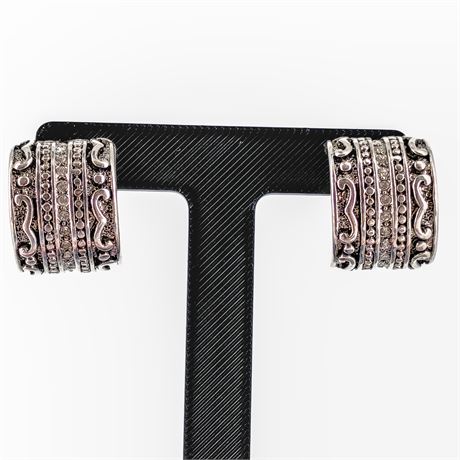 Vintage Silver-Tone Wide Band Hoop Earrings – Etched & Beaded Motif – Boho