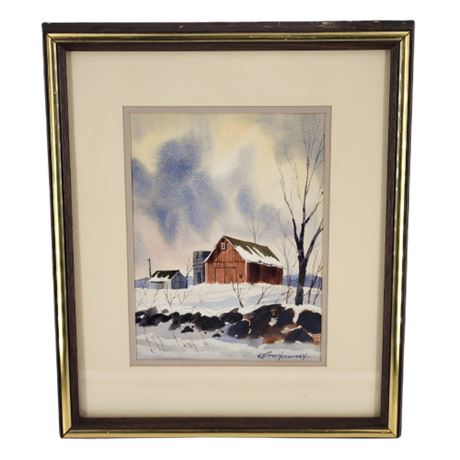 Framed Winter Barn Watercolor Print by Keith Hoffman