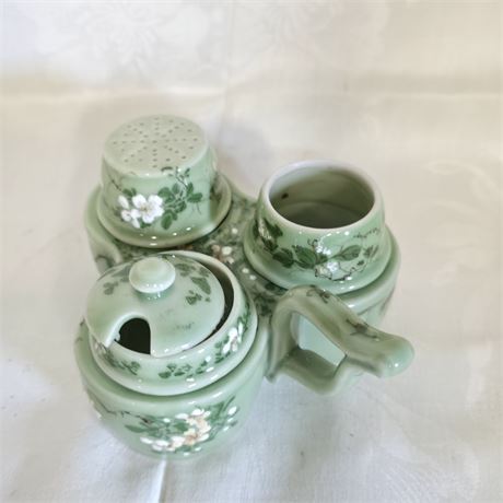 Antique 1920's Painted Celedon Condiment Caddy