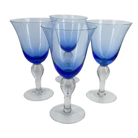 Lot of Hand Blown Blue Glass Wine Goblets