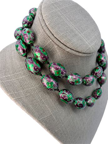Vintage 30” Cloisonné Floral Enamel Bead Necklace