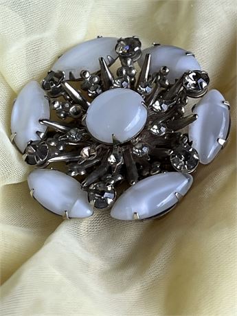 White Milk Glass and rhinestone brooch