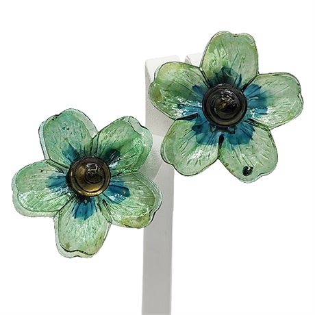 Japanese Colored Celluloid Plastic Flower Clip Earrings
