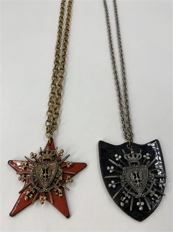 2 Vintage Secret Society Ceremonial Sword & Shield Chest Medallion Necklaces