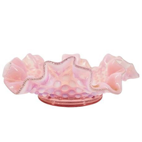 Vintage Fenton Pink Opalescent Hobnail Ruffled Glass Candy Dish