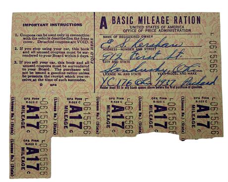 WWII era US Basic Mileage Ration Stamps