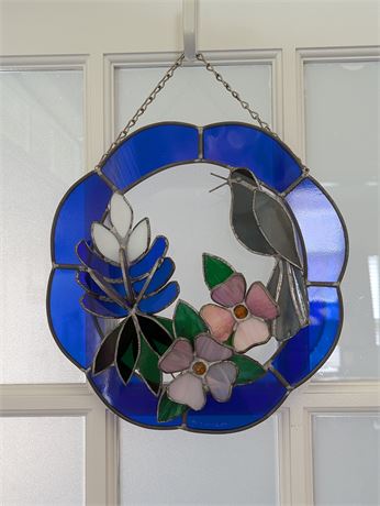 Handmade Suncatcher Signed Stained Glass 3D Wreath Bird, Flowers
