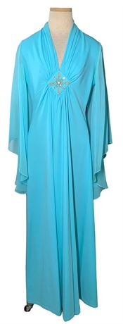 1970s Robin Egg Blue Polyester Chiffon Butterfly Sleeve Maxi Dress