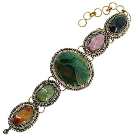 Multi-Stone Cabochon Link Bracelet – Ornate Silver-Tone Setting