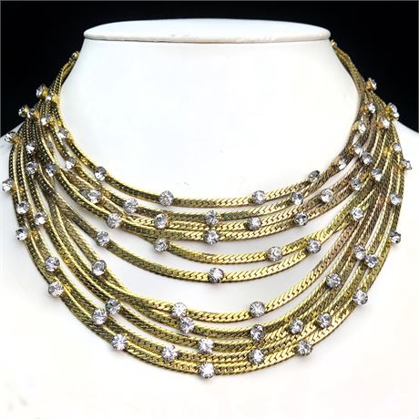 Vintage Multi-Strand Herringbone Bib Necklace with Rhinestone Adornments