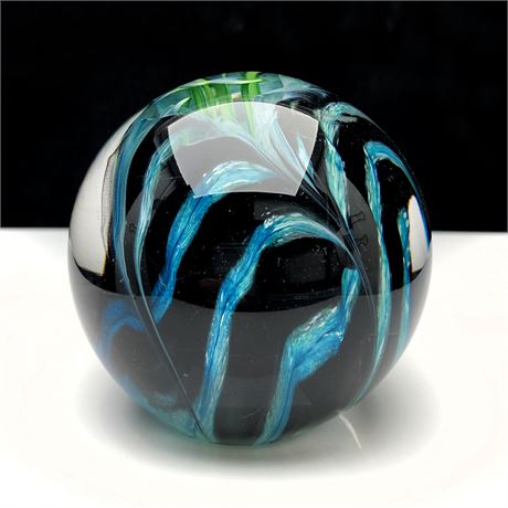 Vintage Beautiful Feathered Signed Glass Studio Paperweight
